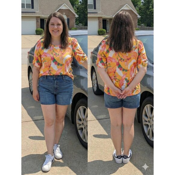 Chico's Top Size 2 L Yellow Pink Tropical Feather Print Cotton Modal Puff Sleeve - Picture 1 of 7